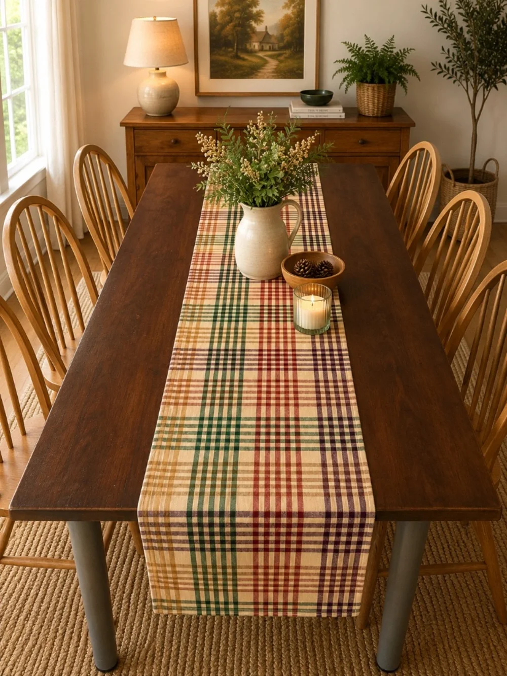 Plaid Table Runner Neutral Multicolor Cotton Blend Farmhouse Rustic Dining Decor